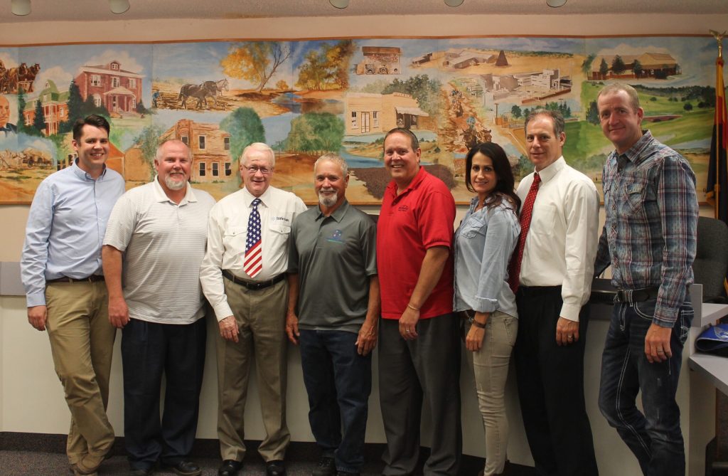 Photo by Diana HutchisonAt the Snowflake Town Council meeting on July 3, the council recognized Don Camacho (center) for his 39 years of service to the community as a town employee and congratulated him on his retirement. Also pictured are council members (left to right) Hunter Lewis and Greg Brimhall, Vice Mayor Kerry Ballard, Mayor Lynn Johnson, and council members Allison Perkins, Byron Lewis and Cory Johnson.