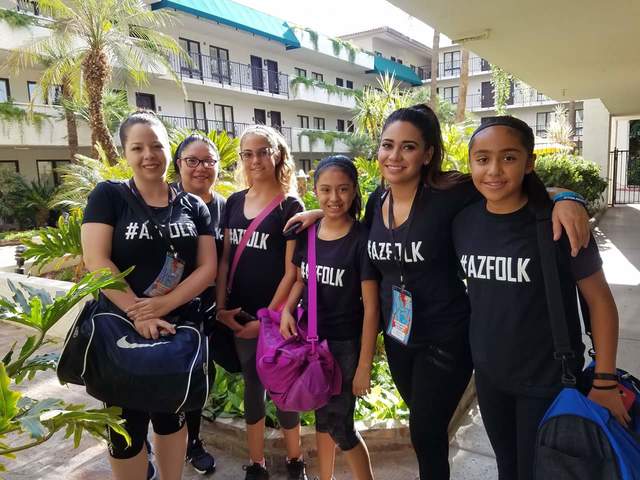 Photo Courtesy of Paty PierceFour dancers along with Instructor Sydney Pierce and Members of the Desierto de Colores Ballet Folklorico traveled to Phoenix in July to attend the Asociacion Nacional de Grupos Folkloricos. Pictured are (left to right) Sydney Pierce, Paty Pierce, Mia Iguado, Araceli Aguilera, Lucia Morales and Alexa Quezada.