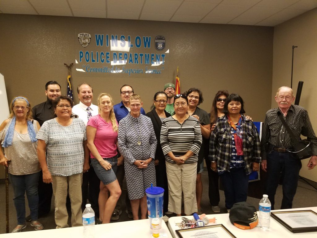 Photo by L. ParsonsThe Winslow Police Department celebrated the graduation of its Citizen’s Police Academy last week. Students attended eight weeks of instruction in various law enforcement disciplines including the history of policing, forensics, and firearms safety. The graduates enjoyed a reception following the receipt of their certificates. Those taking part included (front row, left to right) Debra Anderson, Valerie Kelly, Deidre Burton, Naomi Little, Rita Thompson, Josephine “Dodi” Montoya, Kevin Cox, (back row) DJ Chambers, Greg Hackler, Ben Sandoval, Lula Stago, Patrick Russell, Theresa Gonzalez and Ana Miner.