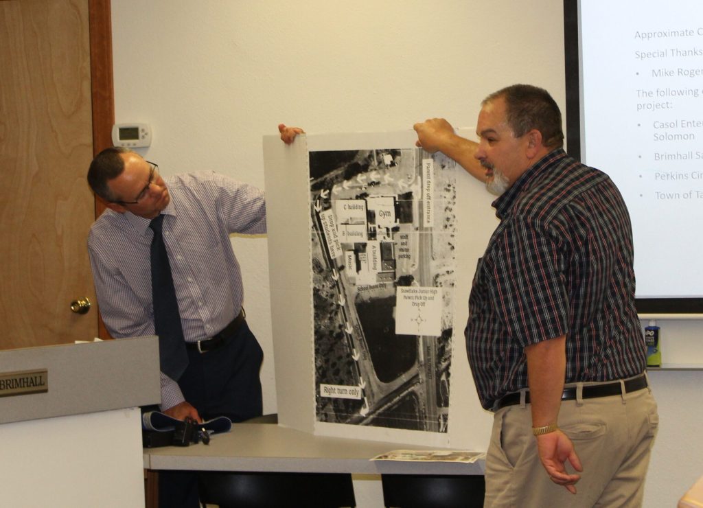 Photo by Toni GibbonsSnowflake Junior High Principal Brian Hoopes (right) brought a detailed map to the Snowflake Town Council meeting on Aug. 7 to demonstrate how the traffic would flow through the new pick area that had been created on the west side of the school. Superintendent Hollis Merrell (left) took part in the presentation.