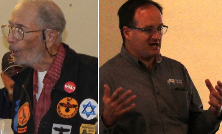 Photo by Toni GibbonsSteve Foster (right), a veteran and Taylor resident, and business owner Jason Brubaker (left) gave their opinions on Proposition 419, the proposed jail district tax, at the Snowflake/Taylor Lunch and Learn.