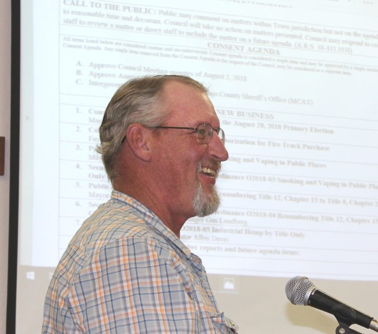 Photo by Toni GibbonsBill Baldwin addressed the Taylor Town Council as the newest member to be elected to the council seat that will be vacated by Councilman Lynn DeWitt at the end of the year.