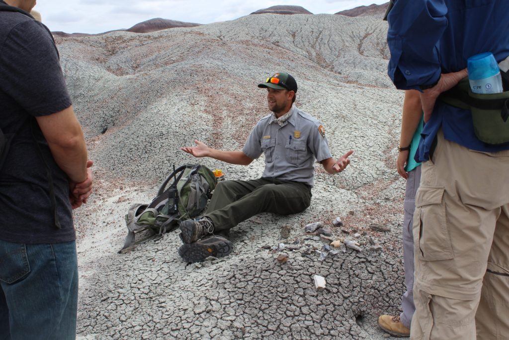 Photo by Toni GibbonsPetrified Forest National Park (PEFO) Lead Paleontologist Dr. Adam Marsh sits near a pile of what appeared to be rocks and explained the creatures that once roamed the land millions of years before during Triassic period.