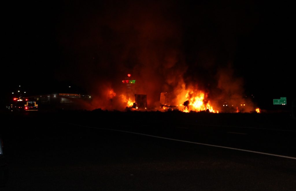 Photo by Linda KorThe collision of two commercial semi trucks created a large fire and closed eastbound Interstate 40 in the early morning hours in Joseph City.