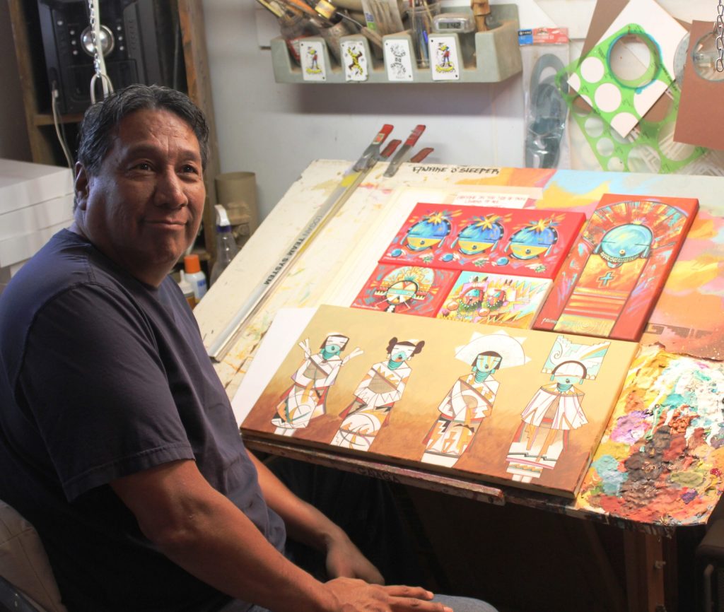 Photo by Toni GibbonsRichard Gorman, a Native American artist who lives in Holbrook, works on a contemporary Kachina painting in his studio. Much of his work is sold throughout galleries in the Southwest.