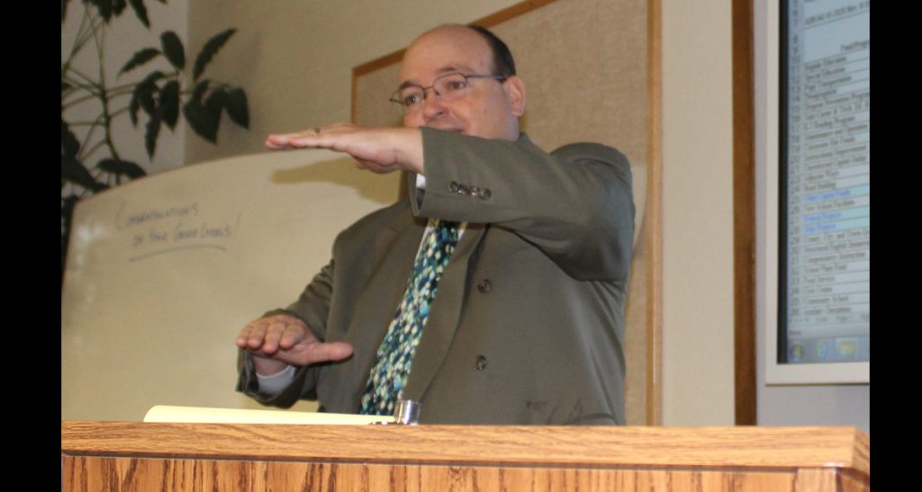 Photo by Toni GibbonsSUSD Business Manager Mark Ollerton reviewed the 2018 financial report for the governing board at the meeting on Oct. 11.