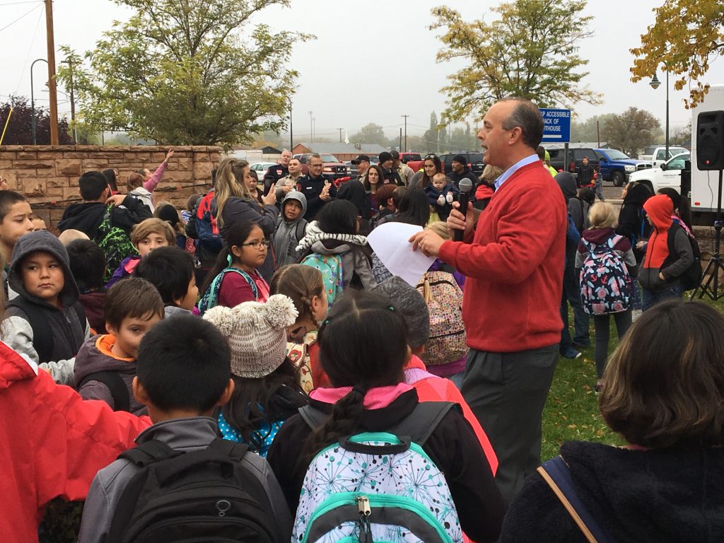 Superintendent Dr. Robbie Koerperich addressed students during the school district’s campaign to encourage students to lead healthy, drug-free lives at the Walk With Me To Be Drug Free event.