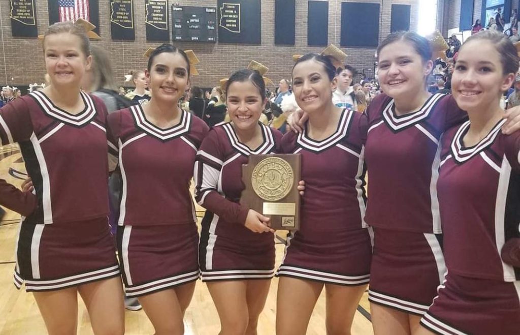 Photo by Melissa SalazarThe Winslow High School Dance Team took first place in the state qualifying competition on Saturday at Verrado High School in Buckeye. Pictured are (left to right) Kylee Wilbanks, Maricella Gonzales, Alayah Brito, Dariana Lopez, Aysia Rodriguez and Alyssa Howeth. The team will compete in the state competition in January. The Winslow High School cheerleaders also qualified for the state competition.