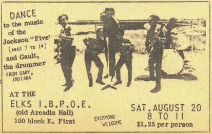 Photo by Matthew Barger/advertisement courtesy of the Roxanne Whipple Memorial LibraryThis advertisement in the Winslow Reminder dated Thursday, Aug. 18, 1966, announced a perfor-mance by the Jackson Five at the Desert Scene Elks Lodge in Winslow for a ticket price of $1.25 per person, about $8.21 at today’s prices. The lodge, pictured in the background was also known as the Arcadia Hall, and is located in the 100 block of East First Street in Winslow.