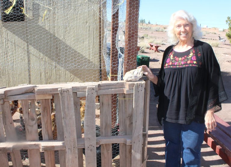 Photo by Toni GibbonsBread of Life Mission Executive Director Cherise Merrick stands in front of the new chicken coop that was completed this summer and currently houses 27 hens who lay eggs for the mission’s kitchen.