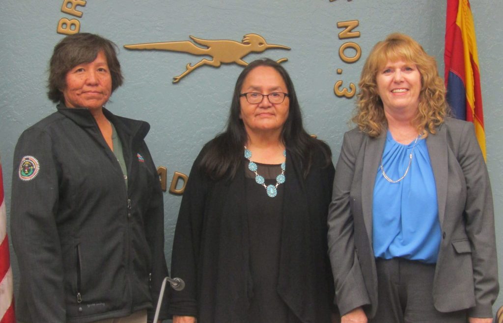 Photo courtesy of Holbrook Unified School DistrictNavajo County School Superintendent Jalyn Gerlich (right) swore in Linda Yazzie (middle) and Claudia Jackson (left), to the Holbrook Unified School District Governing Board last week. Yazzie (middle) is serving her seventh term as a HUSD board member and Jackson has been serving on the board since 2015.