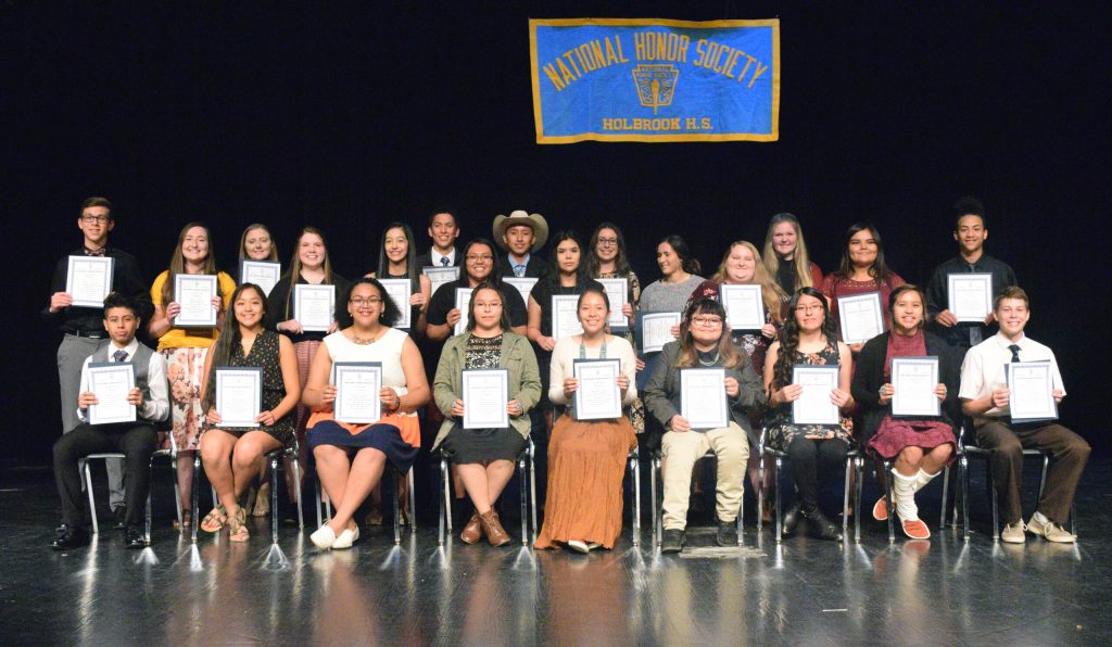 Photo courtesy of Holbrook High SchoolThe Roadrunner Chapter of the National Honor Society conducted a ceremony to induct new members on Dec. 5, at the George Gardner Performing Arts Center. New members include (front row, left to right) Andres Aguilera, Tristen Ambrose, Jovon Boling, Valtavia Cook, Desirae Bain, Abbie Harmon, Katelyn Kayonnie, Jordan Platero, Jake Shumway, (back row) Kobi Koerperich, Jesiee Gardner, Jade Knight, Ashlynn Legg, Bianca Liddle, Tynen Thomas, Rashawna Nez, Dylan Nez, Brianna Richards, Ellie Smith, Jaden Pack, Meraina Sullivan, Ashlynn Wilhelm, Avielle John and Malachi Daniels.