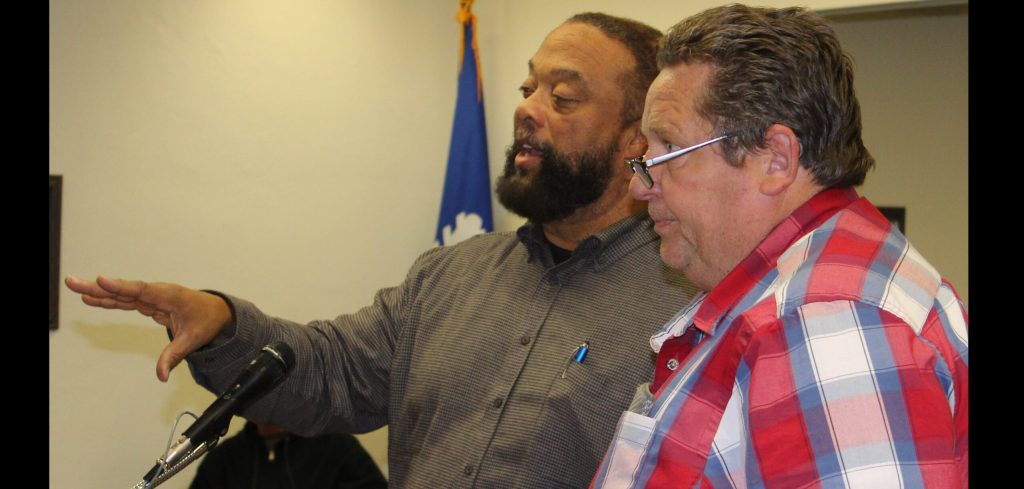 Photo by Toni GibbonsPastor Dave Marshall of Calvary Community Bible Fellowship (left) along with Dale Call (right), building inspector with Snowflake Planning and Zoning, explained the request to develop an administrative office and youth facility on the property located at 89 E. Third S. St. during the Snowflake Town Council meeting.