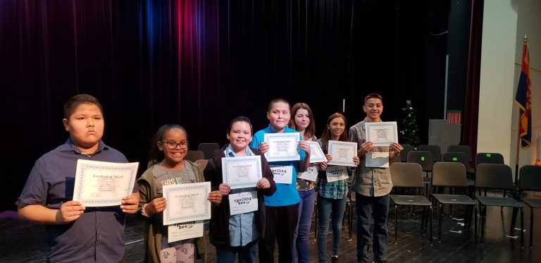 Photo courtesy of Winslow Junior HighThe Winslow Unified School District Spelling Bee was held last week. The winners included (left to right) fourth grader Elija Faber, sixth grader Leila Palty, seventh grader Kai Tafoya, sixth grader Darren Mark, eighth graders Lilly Landacre and Brooke Marquez, and overall champion eighth grader Parker Stubblefield will move on to the Navajo County Spelling Bee. Rounding out the top 10 finishers were (not pictured) sixth grader Elijah Aguila-Saufkie, fifth grader Grace Pollard and sixth grader Bode Dugi. The County Spelling Bee will be held at 2 p.m. on Wednesday, Feb. 13, at the Snowflake High School Auditorium, located at N. Second St. W.