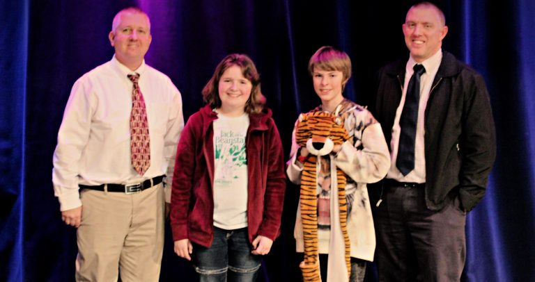 Photo courtesy of Joseph City Unified School DistrictJoseph City School District held its annual spelling bee on Jan. 23 with sixth grader Ashley Bushman the first place winner and seventh grader Peter Miller placing second. Pictured are (left to right) Joseph City Elementary School Principal Daniel Hutchens, Ashley, Peter and Joseph City Junior High/High School Principal Eric Miller.