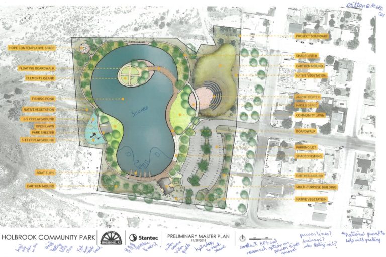 Photo courtesy of the City of HolbrookThis is an artistic rendering of the preliminary master plan for the proposed pond in Holbrook produced by Stantec Engineering.
