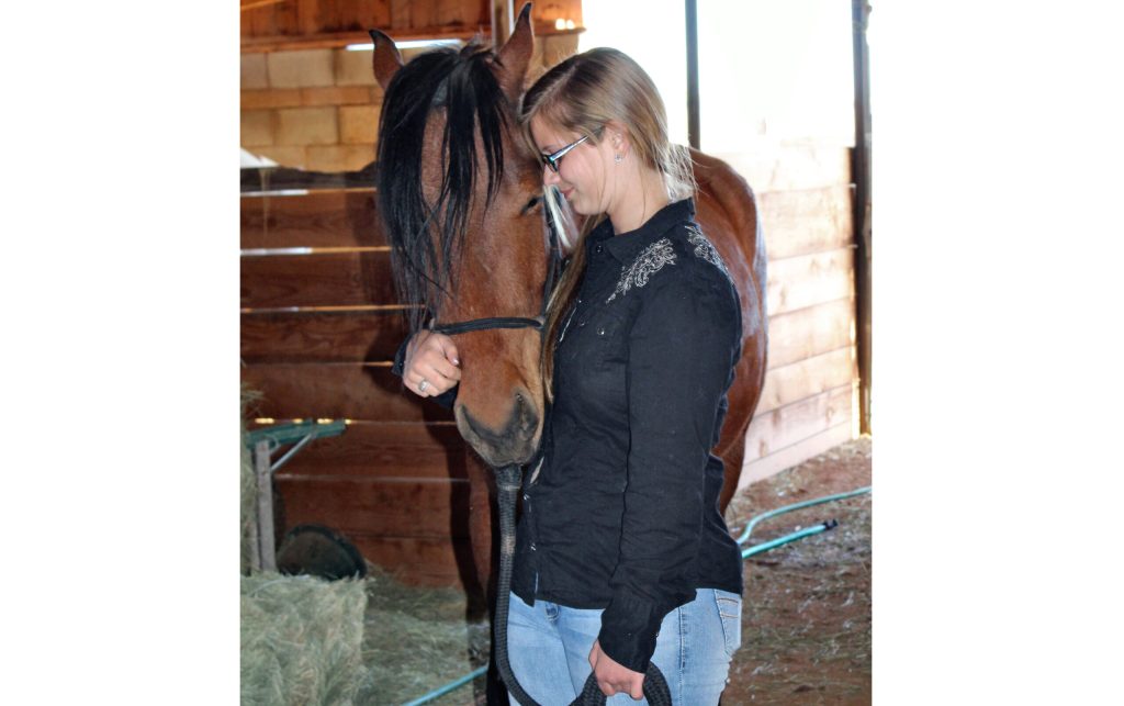 Photo by Toni GibbonsHunter Germain, a freshman at Snowflake High School, takes a moment with her horse Blitz, a five-year-old unregistered quarter horse that she is training.