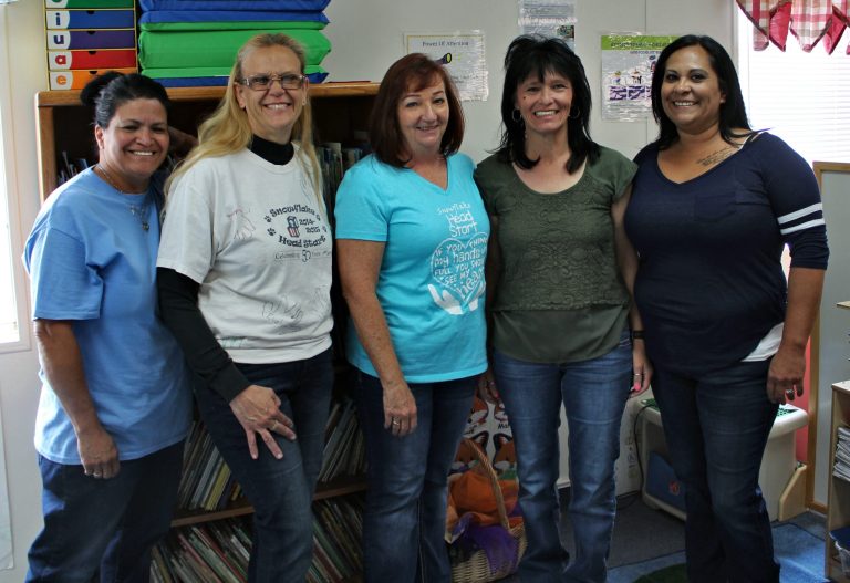 Photo by Toni GibbonsSnowflake Head Start staff takes a break from working with the children to pose for the camera. Pictured are (left to right) teacher Sally Rush, family advocate Shannon Bell, Center Director Laura Whited, teacher’s aide Danette Petersen and lunch aide Bianca Dush.