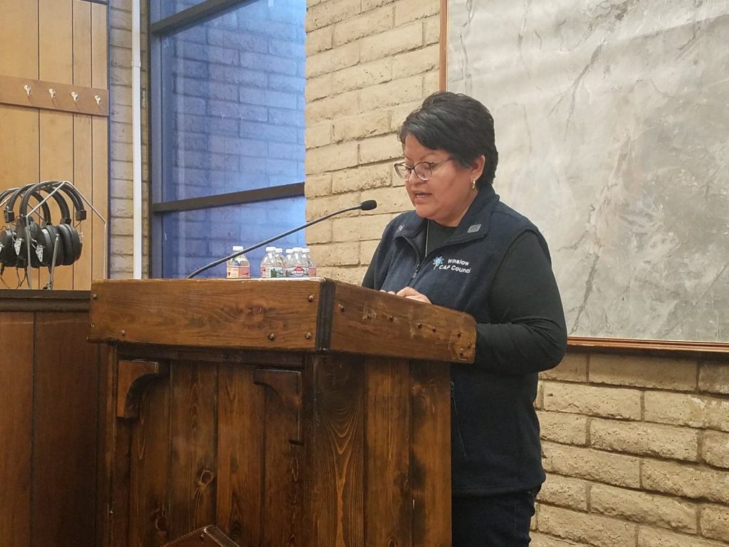 Photo by L. ParsonsMelvina Jody of the Child Abuse Prevention Council discusses Child Abuse Prevention Month at the Winslow City Council.