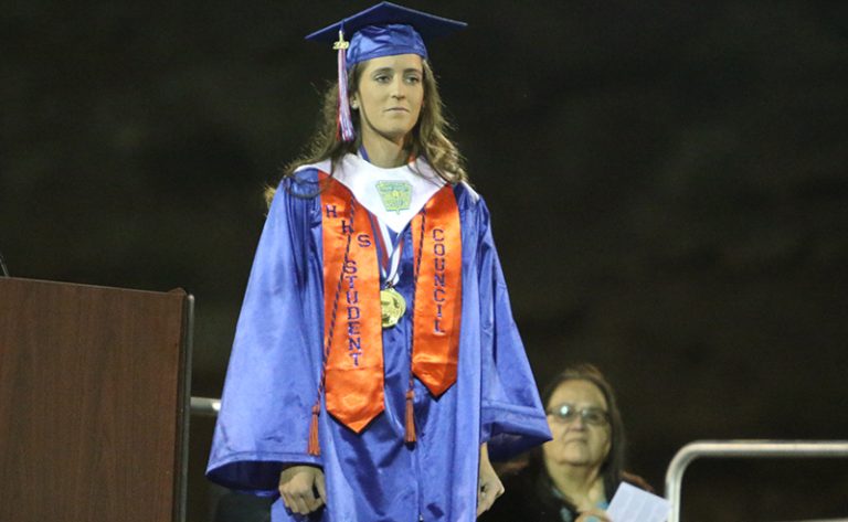 Photos by Kellie Spangler/Spanglerpics.comHHS Valedictorian Sydney Plumb took the stage during the ceremony to address those in attendance and fellow classmates.