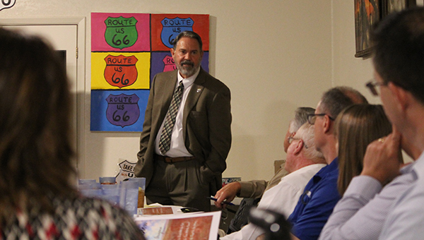 Photo by Linda KorWinslow Mayor Tom McCauley relates Winslow’s history and the efforts to make the city a destination and not just a stop.