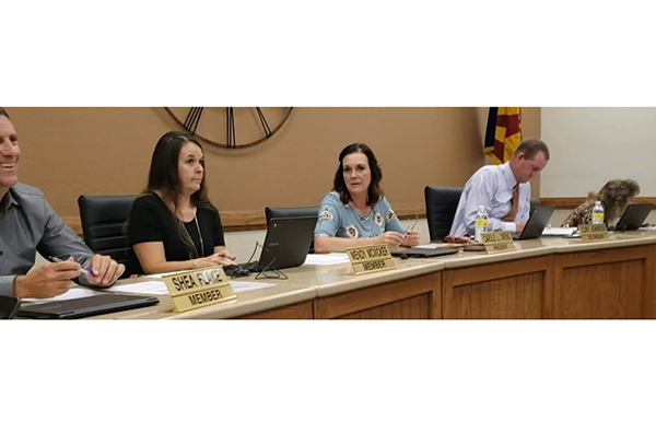 Photo by Amanda NicholsSnowflake Unified School District Governing Board members (left to right) Shea Flake, Wendy McVicker, Carole Owens, Cory Johnson and Carol Palmer all took part in the meeting held on Aug. 8.