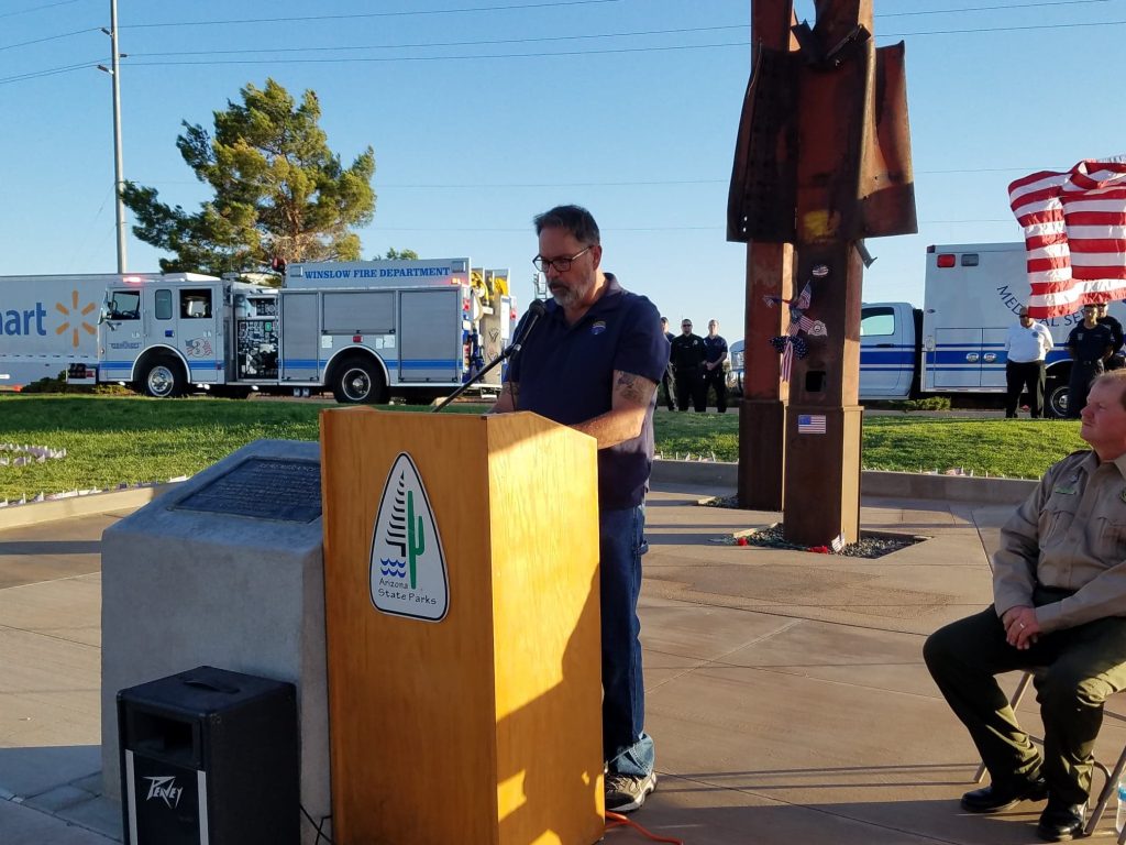 Photos by L. ParsonsWinslow Mayor Tom McCauley (pictured) addressed the approximately 40 attendees at the annual Sept. 11 memorial ceremony last week.