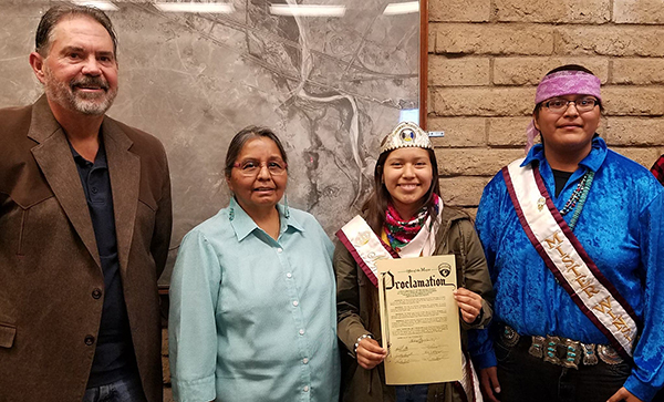 Photo by L. ParsonsMayor Tom McCauley presented Winslow Residential Hall (WRH) Director Isabell Britton and WRH royalty with a proclamation of November as Native American Heritage Month. Pictured are (left to right) McCauley, Britton, Miss Winslow Residential Hall Vanessa Gene and Mr. Winslow Residential Hall Zachary Wagner.