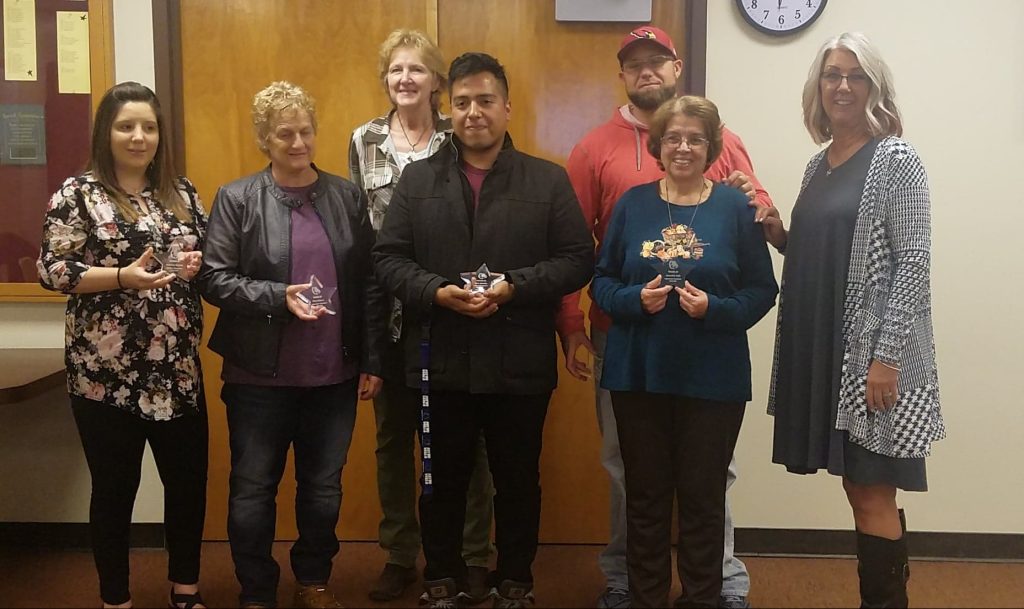 Photo by L. ParsonsThe Winslow Unified School District Governing Board and Superintendent Cyndie Mattox (right) recognized its employees of the months of August, September and October last week. Pictured are (left to right) Arianna Huerta, Sheri James, Sondra Dixon, Sam Setalla, Preston DeSpain and Jeanette Holt.