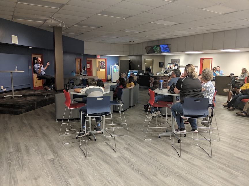 Photo courtesy of Jacob Boyle Dr. Darrell Brimhall of Summit Healthcare discusses depression, anxiety, and suicide awareness and prevention with attendees at the Roadrunner Roost during the September RoostEd Talk.