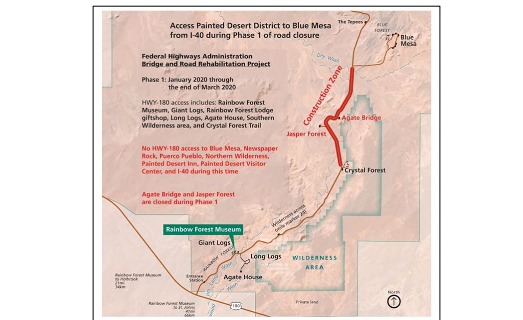 Map courtesy of Petrified Forest National ParkThose wanting to visit the entirety of the Petrified Forest National Park will temporarily have to do so from two different access points. Due to construction in the park from Jan. 2 through March 28, half of the park will only be accessible by traveling through Holbrook to the south end of the park.