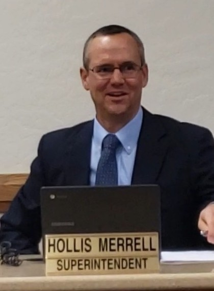 Photo by Amanda NicholsSuperintendent Hollis Merrell (pictured) gives his report on the TALON agreement with NPC at the Jan. 9 district governing board meeting.