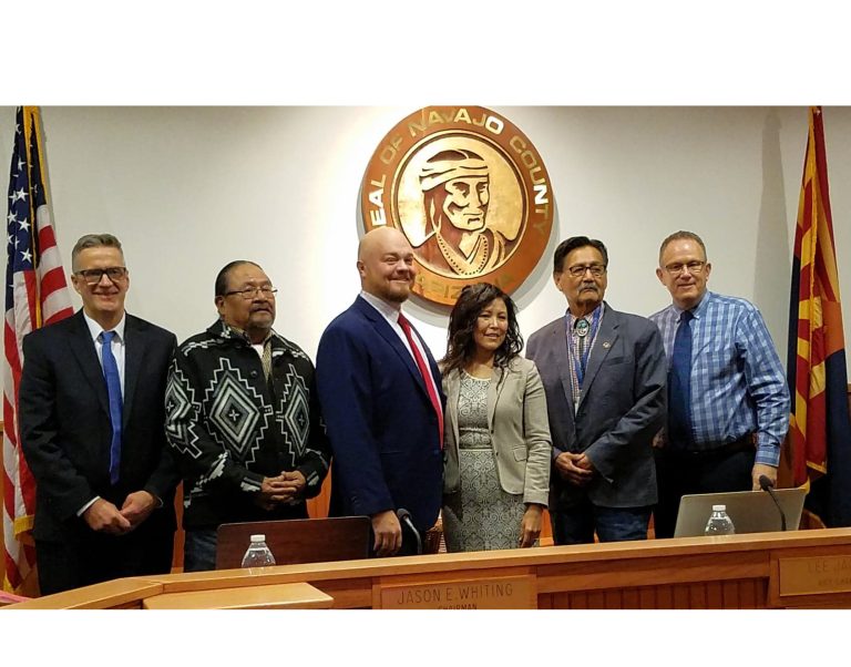 Photo by L. ParsonsThe Navajo County Board of Supervisors and County Manager Glenn Kephart thanked outgoing Chairwoman Dawnafe Whitesinger for her service as chairwoman. Pictured are (left to right) Kephart, and supervisors Lee Jack, Jason Whiting, Whitesinger, Jesse Thompson and Daryl Seymore.