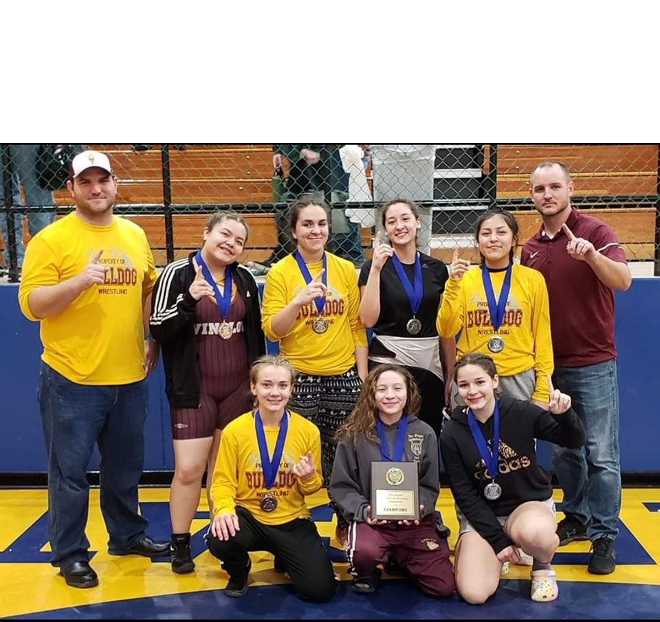 Photo courtesy of Winslow High SchoolThe Winslow High School lady wrestlers were the champions of WHS’s first girls tournament. Lady Bulldog wrestlers include (front row, left to right): Rory Lassiter, Alyssa Cordova, Madison Estrada (back row) Coach Joseph Larsen, Charry Benecke, Nova Ragnoli, Elyna Lopez, Riley Davila and Coach Scott Larsen.