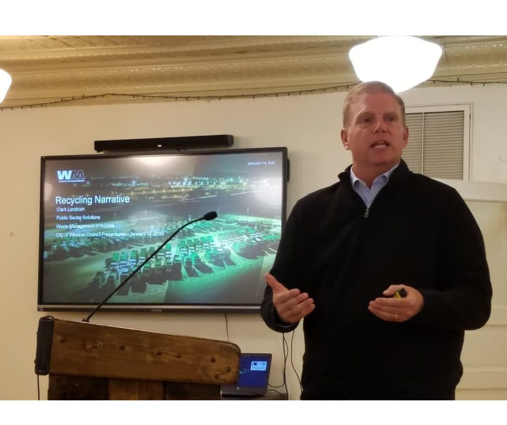 Photo by L. ParsonsClark Landrum of Waste Management (pictured) addressed the Winslow City Council at their first meeting in their new location.