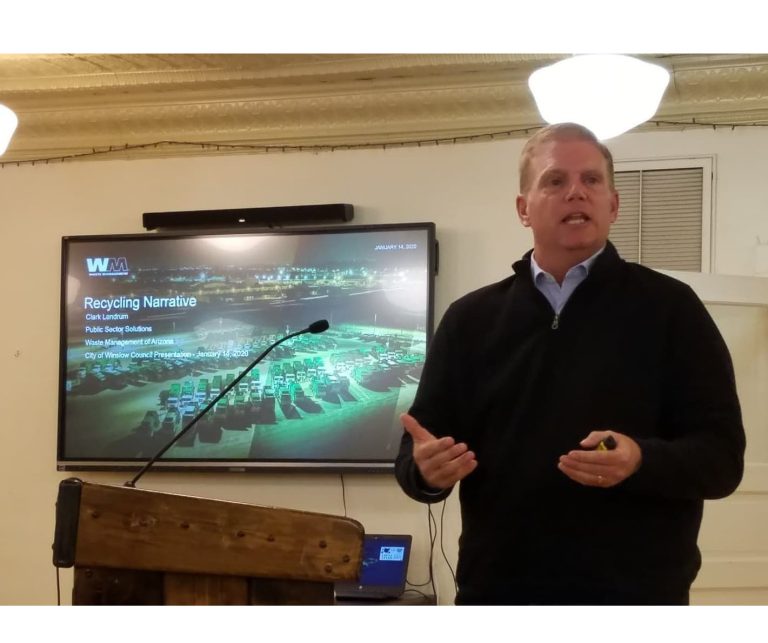 Photo by L. ParsonsClark Landrum of Waste Management (pictured) addressed the Winslow City Council at their first meeting in their new location.