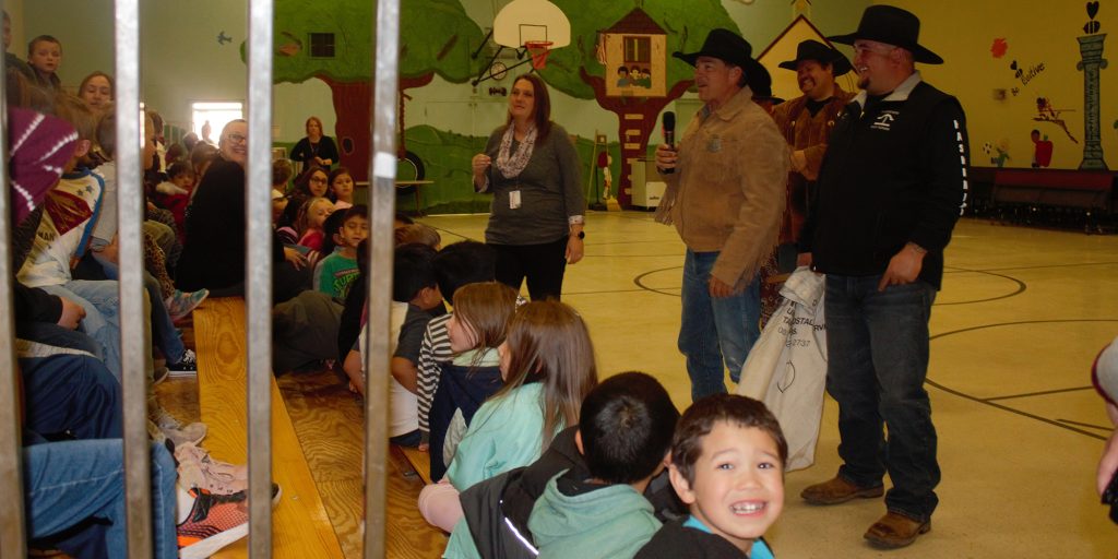 Photo by China Cassidy Tim Kelley (left), Steve Thomas (center) and Gary Hayes Jr. (right) visited the kids at Park Elementary School to collect their letters and took them to the post office to get stamped and ready to go out with the riders.