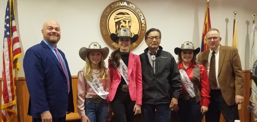 Photo by L. ParsonsThe Navajo County Board of Supervisors ceremonially crowned the Navajo County Rodeo Queens. Pictured (left to right) are Chairman Jason Whiting, Little Buckaroo Macy Brimhall, Teen Queen Tova Conner, Supervisor Jesse Thompson, Rodeo Queen Codi Ross and Supervisor Daryl Seymore.
