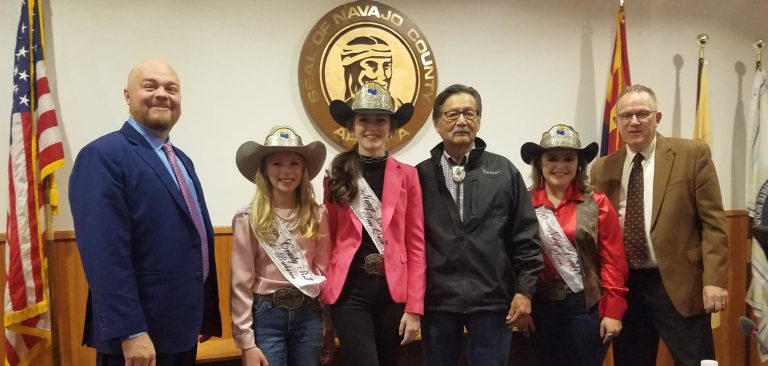 Photo by L. ParsonsThe Navajo County Board of Supervisors ceremonially crowned the Navajo County Rodeo Queens. Pictured (left to right) are Chairman Jason Whiting, Little Buckaroo Macy Brimhall, Teen Queen Tova Conner, Supervisor Jesse Thompson, Rodeo Queen Codi Ross and Supervisor Daryl Seymore.