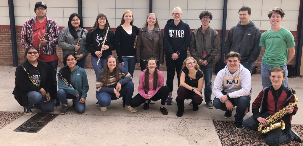 Photo courtesy of Holbrook High SchoolA number of Holbrook High School music students recently auditioned and qualified to take part in the 2020 Northeast Region Honor Music Festival that was held at Blue Ridge High School on Feb. 15. Those taking part included (front row) Kaitlyn Begay, clarinet; Camden Sells, clarinet; Amy Nilsson, alto; Kyla Wahl, soprano; Esther Dawson, soprano; Sam Meeks, bass; Cody Ghormley, alto saxophone; (back row) Winston Jackson, clarinet; Mayanna John, clarinet; Elizabeth Parker, flute; Jessica Dawson, violin and soprano; Alex Bowler, flute and alto; Ashley Speers, alto; Josh Pack, bass; Carson Hatch, bass; Preston Edwards, bass; and (not pictured) Cade Shumway, trumpet and tenor.