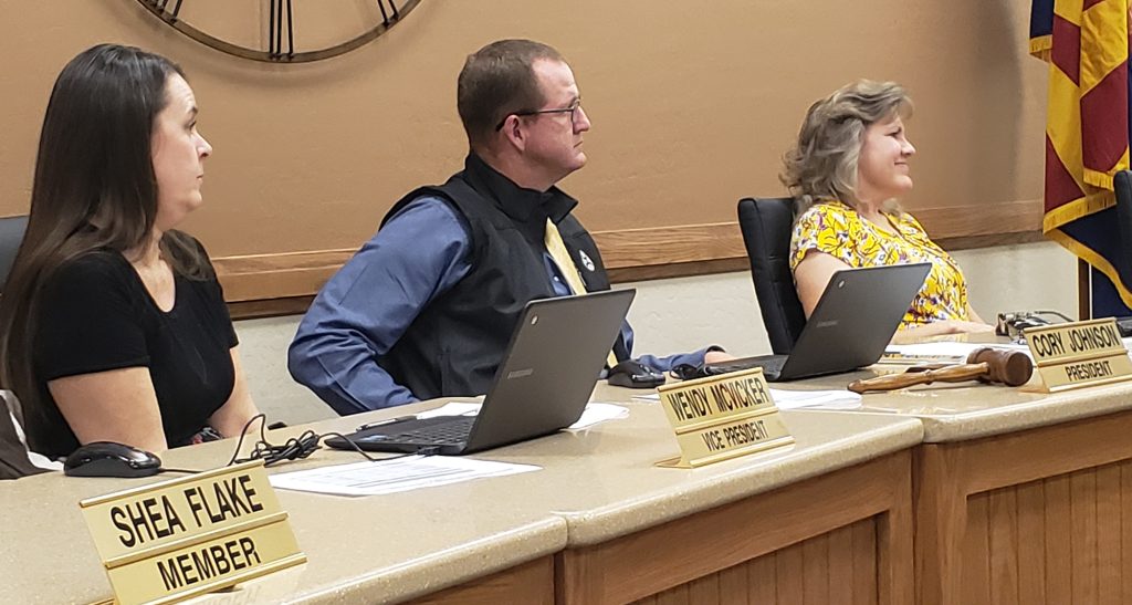 Photo By Amanda NicholsMembers of the SUSD School Board present at last week’s meeting included (left to right) Vice President Wendy McVicker, President Cory Johnson and board member Carol Palmer. They listened intently to reports from Larry Titus and Greg Lunt on the Intervention to Initiative Report.