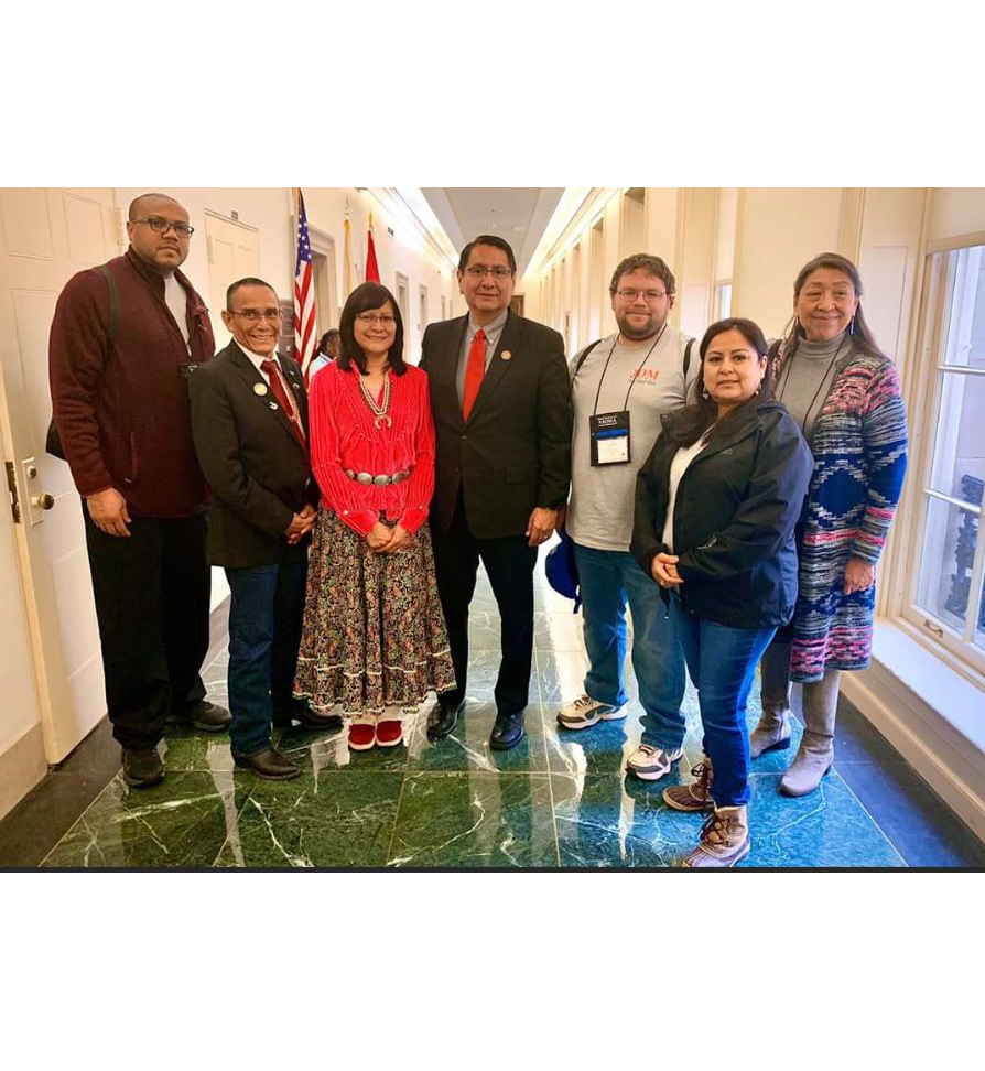 Photo courtesy of Denise EstudilloWinslow Junior High and Winslow High School S.A.F.E. room aides Ricardo Lyons and Zack Young were honored for their work in Washington, D.C., recently. Pictured (left to right) are Lyons, Navajo Nation Delegate Pernell Halona from New Mexico, Navajo Nation First Lady Phefelia Nez, Navajo Nation President Jonathan Nez, Young, Winslow Unified School District Federal Programs Secretary Loretta Chischilly and WUSD District Federal Programs Director Denise Estudillo.