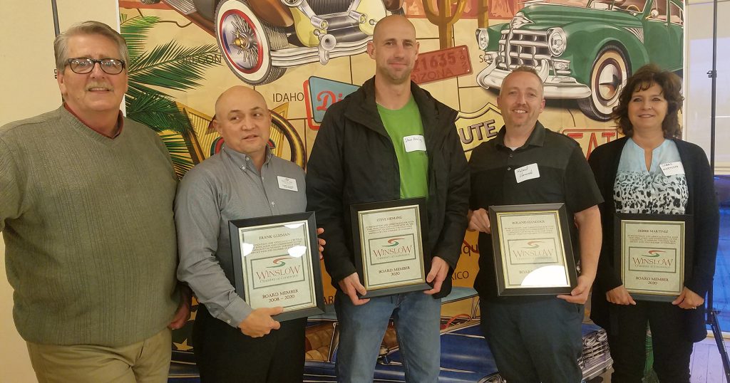 Photos by L. ParsonsThe annual election of Board of Directors for the Winslow Chamber of Commerce resulted in one returning board member, Frank Guzman (second from left), and three new members in (left to right) Steve Henling, Roland Hancock and Debbie Martinez. CEO Bob Hall (left) congratulated all of them.