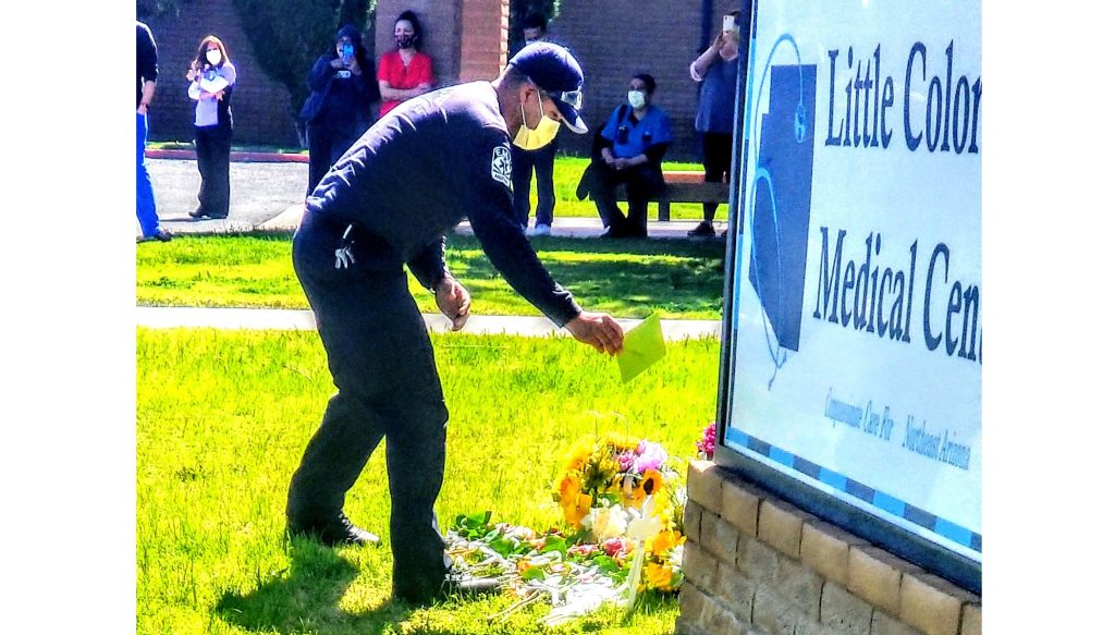 Photo by Lawrence KennaBeloved Winslow resident Arniece Thomas, who also served for many years as a nurse at the Little Colorado Medical Center, recently passed away due to complications from COVID-19. Thomas was given a fond send off as residents, co-workers and emergency responders paid tribute with a memorial on the lawn of LCMC and a procession of first responders and residents that traveled through the city in her honor.