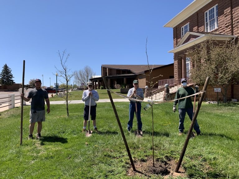Photo courtesy of the Town of SnowflakeIn honor of Arbor Day members of our Town of Snowflake Parks crew planted trees at the Snowflake Academy Building. Pictured here are (second from the right) Snowflake Vice Mayor Kerry Ballard and the Parks Department crew (left to right) Casey Camacho, Reid Bjerkan and Bruce Mighton.