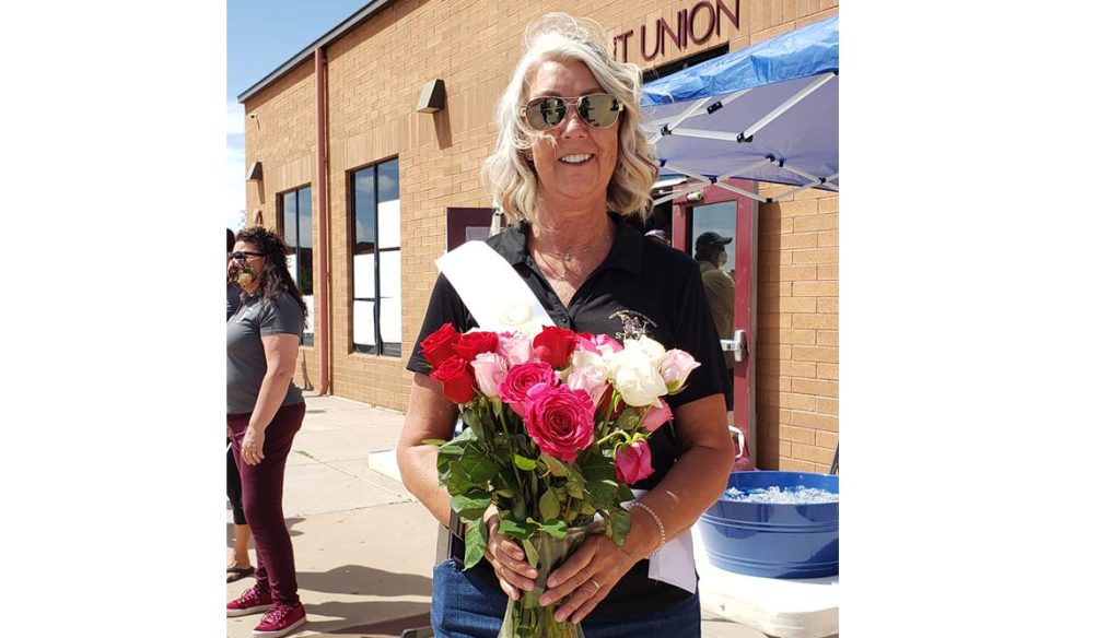 Photo courtesy of WUSDCyndie Mattox was surprised in front of the Winslow High School Student Union last week by members of the Winslow Unified School District staff and various friends and family to celebrate her retirement. Mattox has served as the superintendent of Winslow schools for three years.