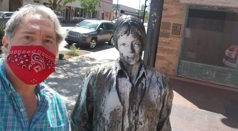Photo by Tom McCauleyWinslow Mayor Tom McCauley snapped this selfie with “Easy,” as he disinfected the world-famous statue standin’ on the corner of Kinsley Avenue and Second Street. Despite the restrictions, many people continue to come and stand by the statue that pays tribute to the Eagles hit song that has made the town famous.