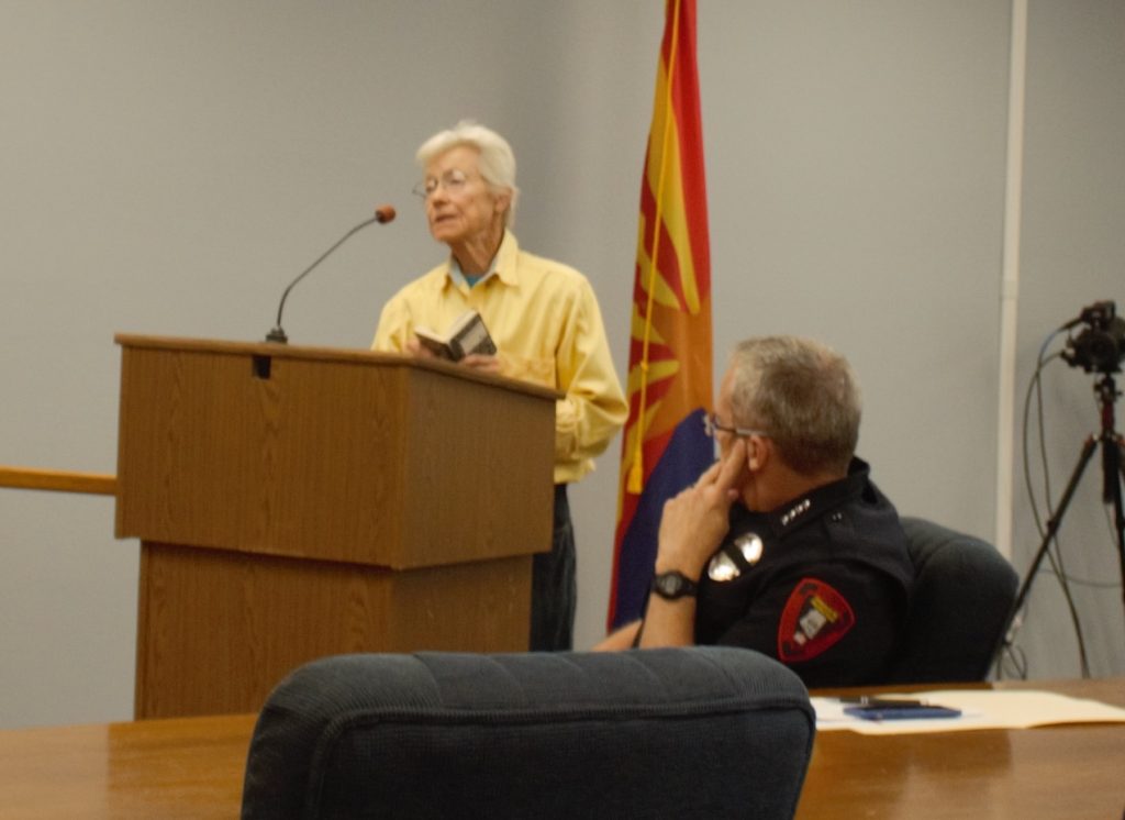 Photo by China CassidyBeth Baloo (standing), who stated she is undergoing treatment for cancer urged the council to consider those like herself and elderly citizens who are immunocompromised when voting whether to mandate wearing masks in public.