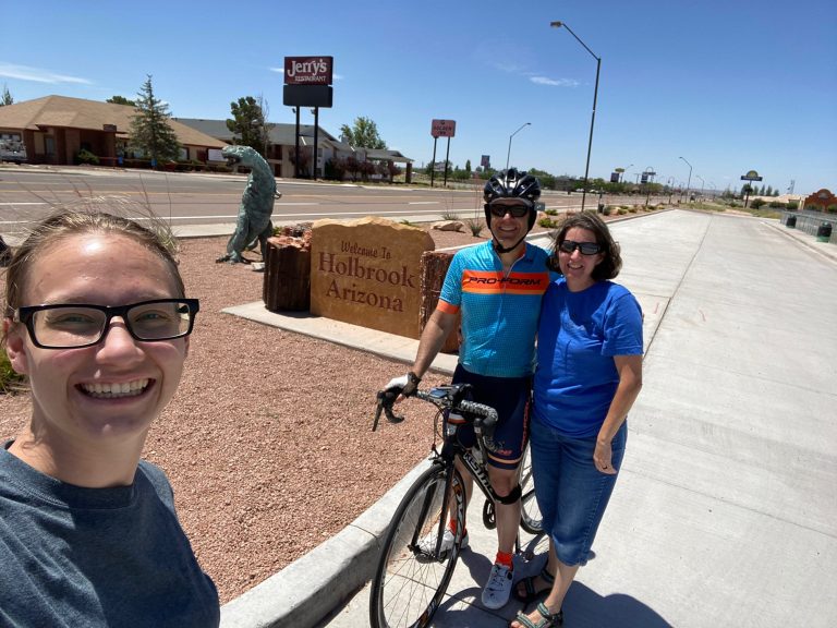 Photos courtesy of Nelson PalmerNelson Palmer (center) made his way from Georgia to San Diego with a stop in Holbrook and Joseph City to meet up with his cousin Alan Palmer on his bike journey. Coming along as his support team was his daughter Laura (left) and his wife Michelle (right).