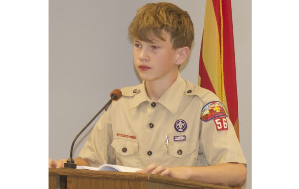 Photo by China CassidyShane Smith of Boy Scout Troop 7156 went before the Holbrook City Council seeking funds in order to repaint the downtown fire station as part of his Eagle Project. Shane stated that his goal is to raise $562 to purchase the paint and that the Holbrook Volunteer Fire Department has agreed to match whatever donation the city makes. Mayor Young referred Smith to Manager Ted Soltis for the request. It was noted that a personal donation could be made to the troop through Ron Smith.